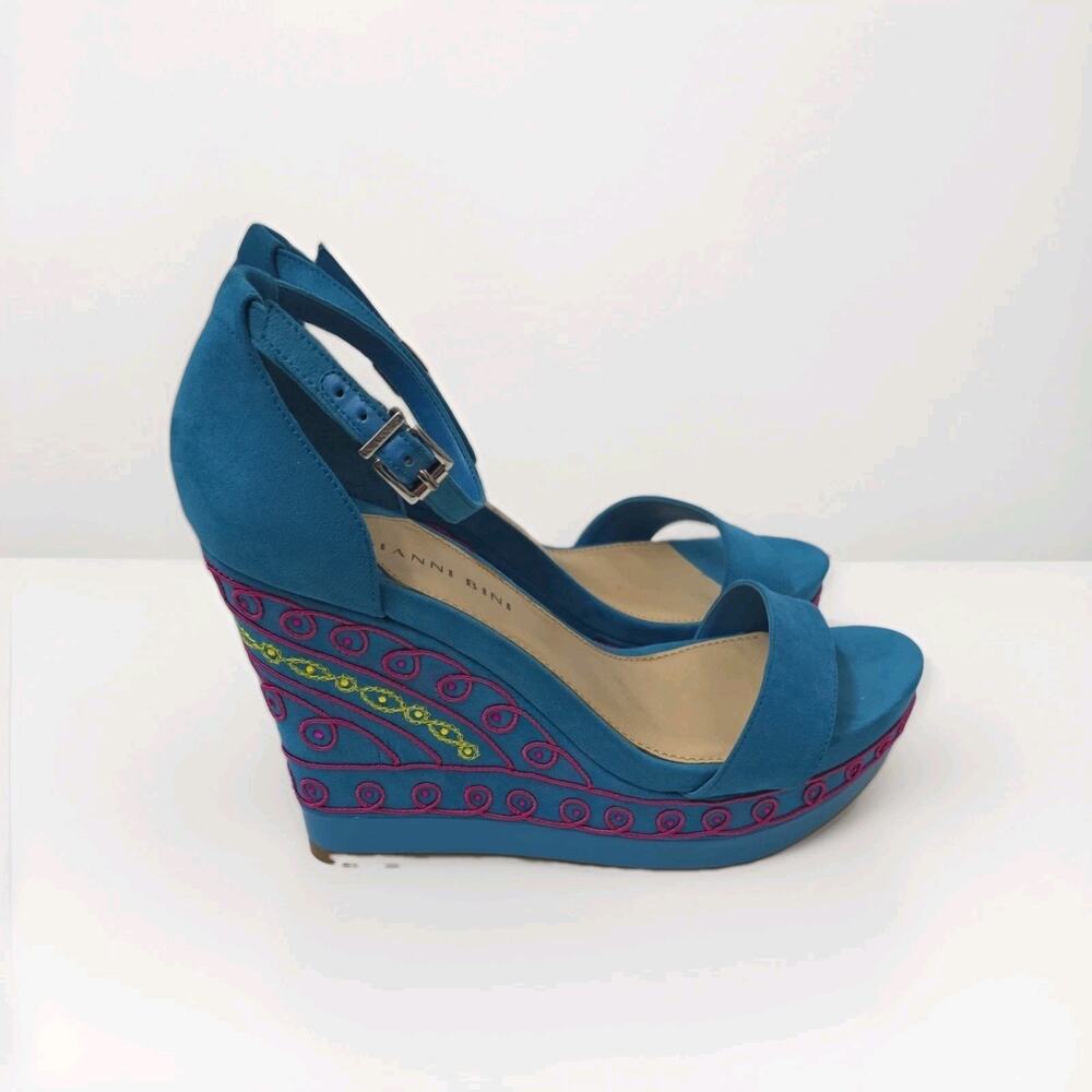 Gianni Bini Blue Suede Embroidered Platform Wedge Sandals Ankle Strap Size 9